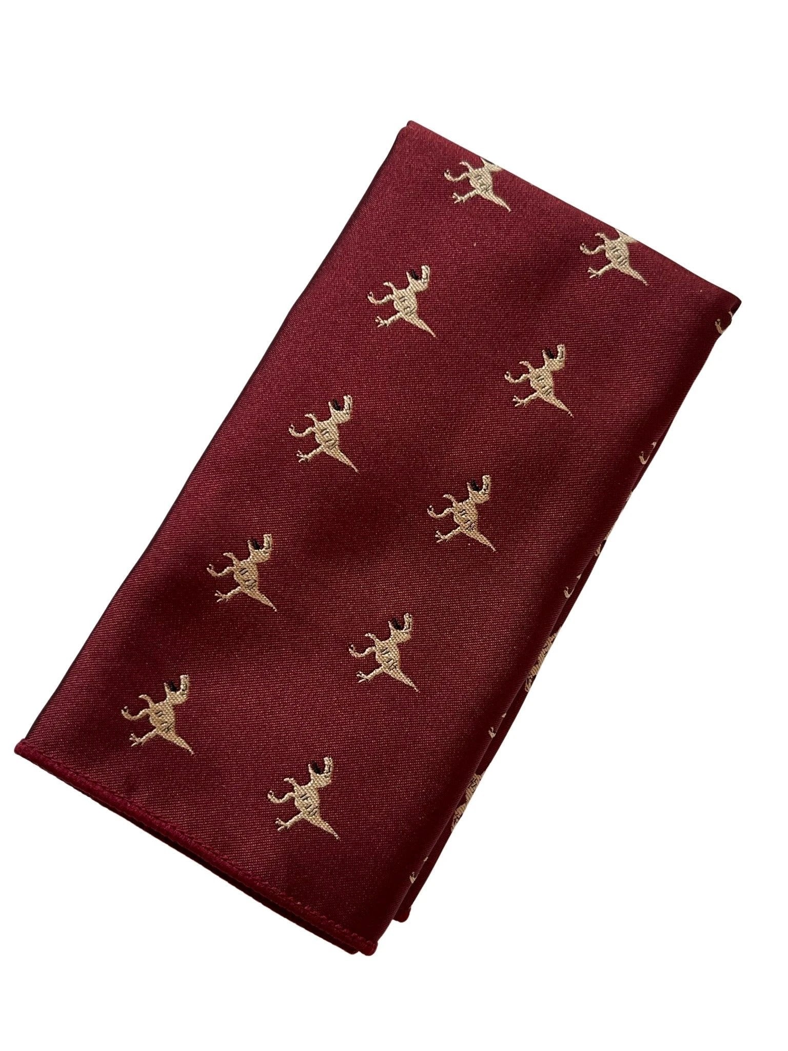 Maroon Pocket Square With Embroidered T-Rex Design - Handcrafted 23cm Square For Elegant Style And Conversation by Frederick Thomas Handmade Mens Ties