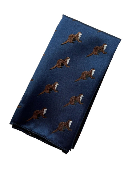 Navy Dark Blue Pocket Square With Embroidered Otter Design - Subtle, Playful Motif For Refined Formalwear by Frederick Thomas Handmade Mens Ties