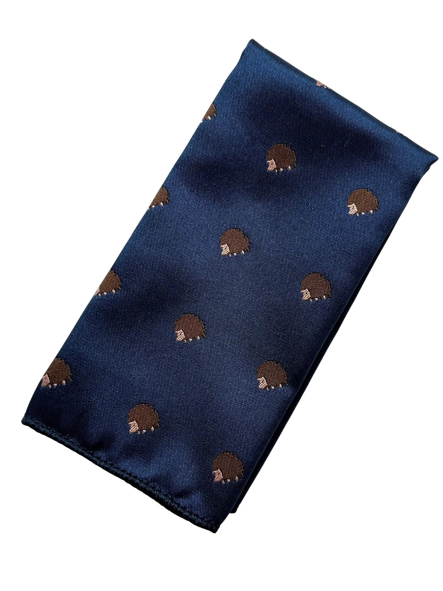 Navy Dark Blue Pocket Square With Embroidered Hedgehog Design - Handcrafted By Frederick Thomas by Frederick Thomas Handmade Mens Ties