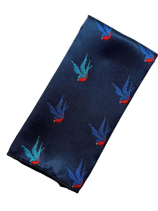Navy Blue Pocket Square With Embroidered Swallow Bird Design - Handmade Accessory For Timeless Formal Style by Frederick Thomas Handmade Mens Ties