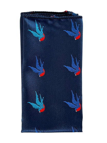 Navy Blue Pocket Square With Embroidered Swallow Bird Design - Handmade Accessory For Timeless Formal Style by Frederick Thomas Handmade Mens Ties