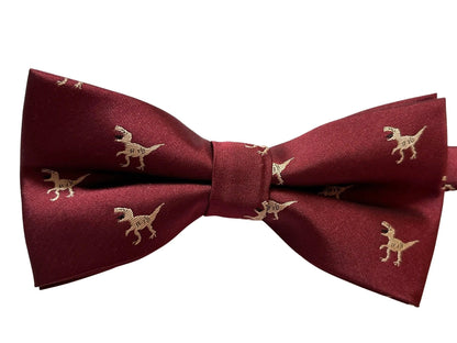 Maroon Adult Bow Tie with T-Rex Embroidered Design by Frederick Thomas Handmade Mens Ties