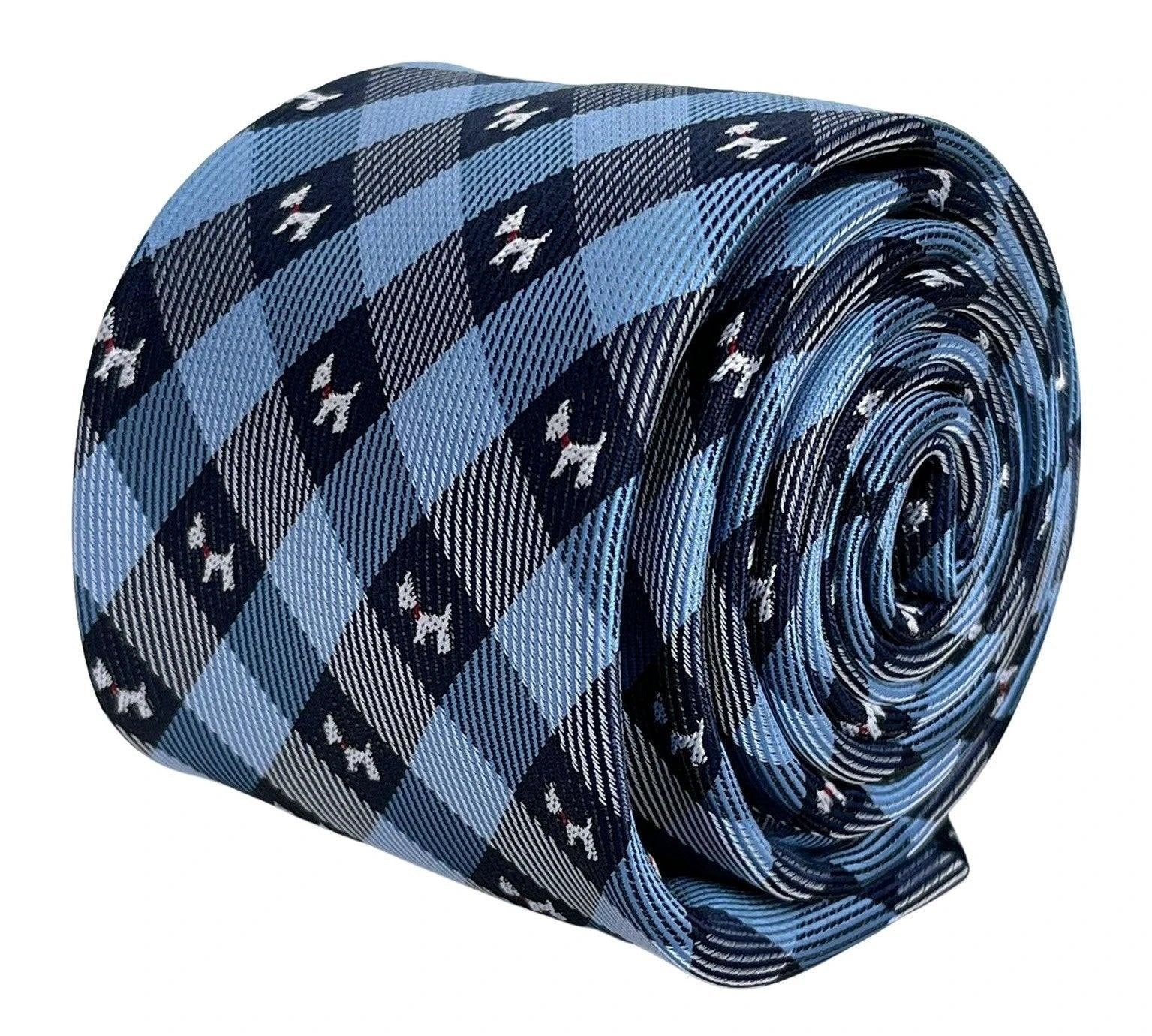 Light Blue and Dark Navy Plaid Gingham Style Tie With Scottie Dog Design - Refined Boardroom Accessory by Frederick Thomas Handmade Mens Ties