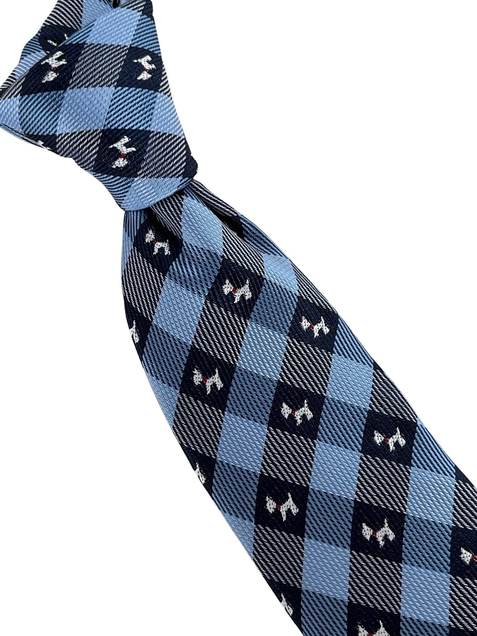 Light Blue and Dark Navy Plaid Gingham Style Tie With Scottie Dog Design - Refined Boardroom Accessory by Frederick Thomas Handmade Mens Ties