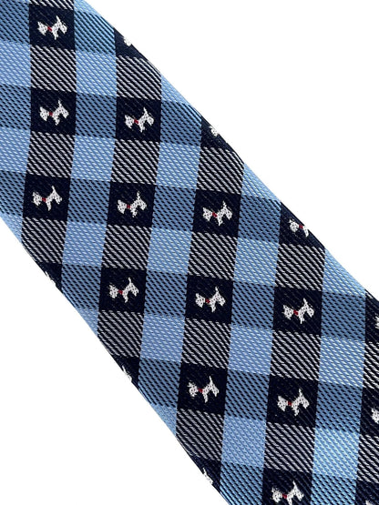 Light Blue and Dark Navy Plaid Gingham Style Tie With Scottie Dog Design - Refined Boardroom Accessory by Frederick Thomas Handmade Mens Ties