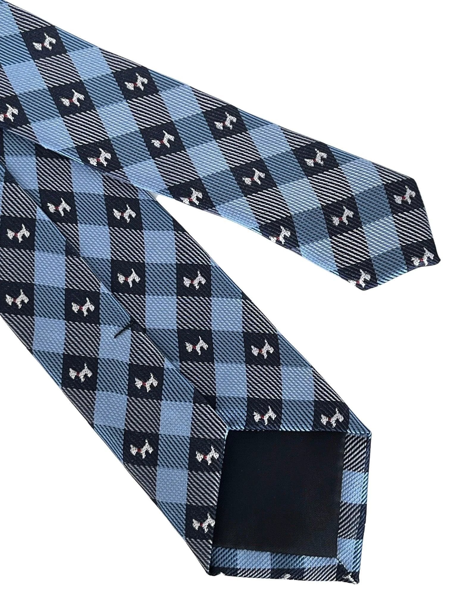 Light Blue and Dark Navy Plaid Gingham Style Tie With Scottie Dog Design - Refined Boardroom Accessory by Frederick Thomas Handmade Mens Ties