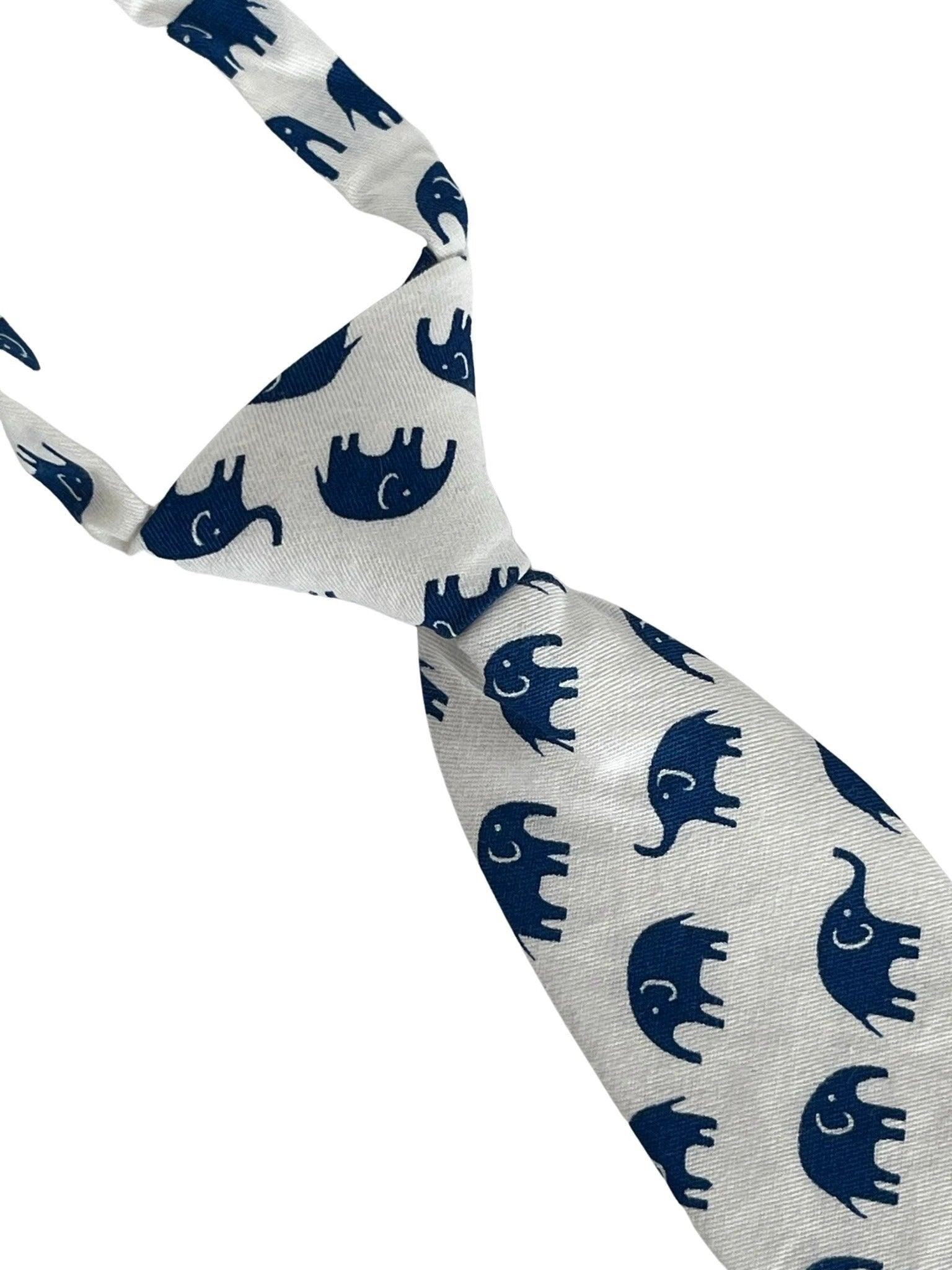 Frederick Thomas Children's Ivory White Cream Cotton Tie - Charming Dark Blue Elephant Motif For Special Occasions by Frederick Thomas Handmade Mens Ties