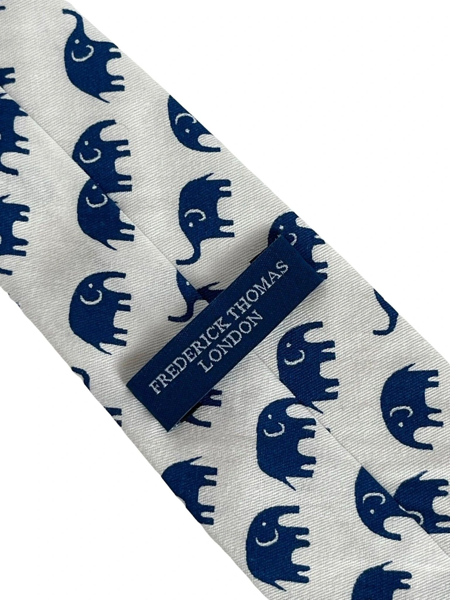 Frederick Thomas Children's Ivory White Cream Cotton Tie - Charming Dark Blue Elephant Motif For Special Occasions by Frederick Thomas Handmade Mens Ties