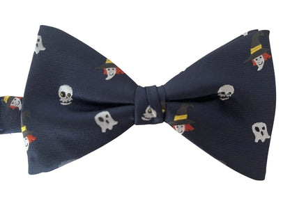 Navy Dark Blue Bow Tie With Quirky Ghost Witch Skull Halloween Design - Adds Festive Halloween Flair To Formal Attire by Frederick Thomas Handmade Mens Ties