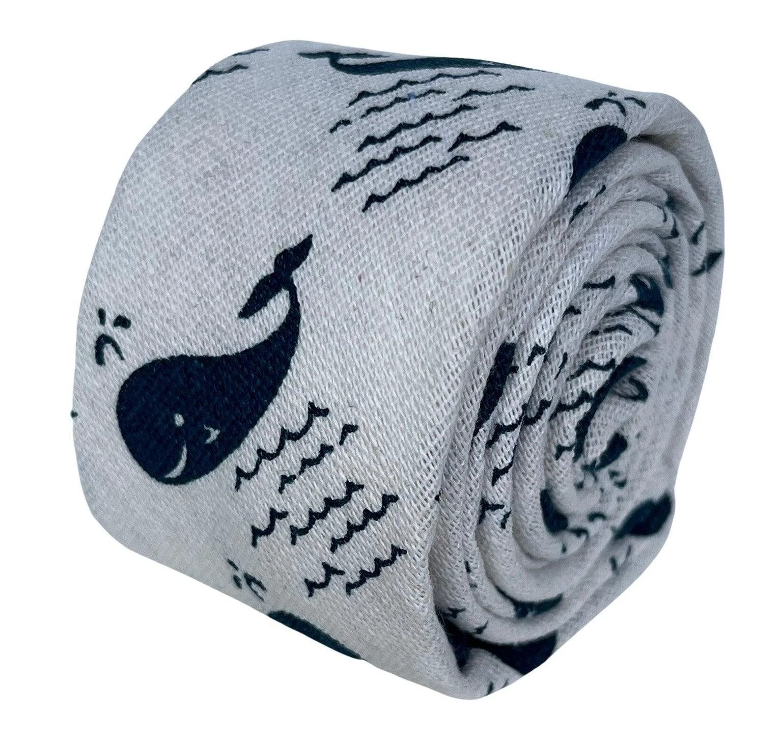 Ivory Cream Cotton Tie With Blue Whale Nautical Design - Handmade By Frederick Thomas For Professional Wardrobe by Frederick Thomas Handmade Mens Ties
