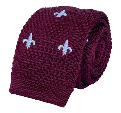Maroon Knitted Tie By Frederick Thomas - White Embroidered Fleur De Lis Detail For Timeless Formal Luxury by Frederick Thomas Handmade Mens Ties