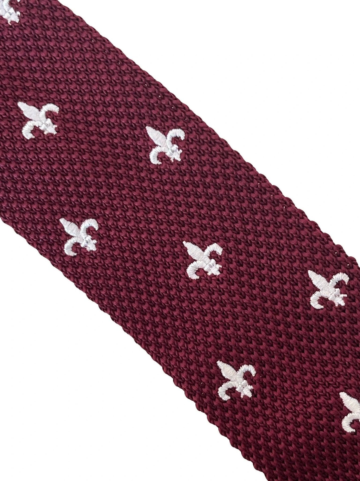 Maroon Knitted Tie By Frederick Thomas - White Embroidered Fleur De Lis Detail For Timeless Formal Luxury by Frederick Thomas Handmade Mens Ties