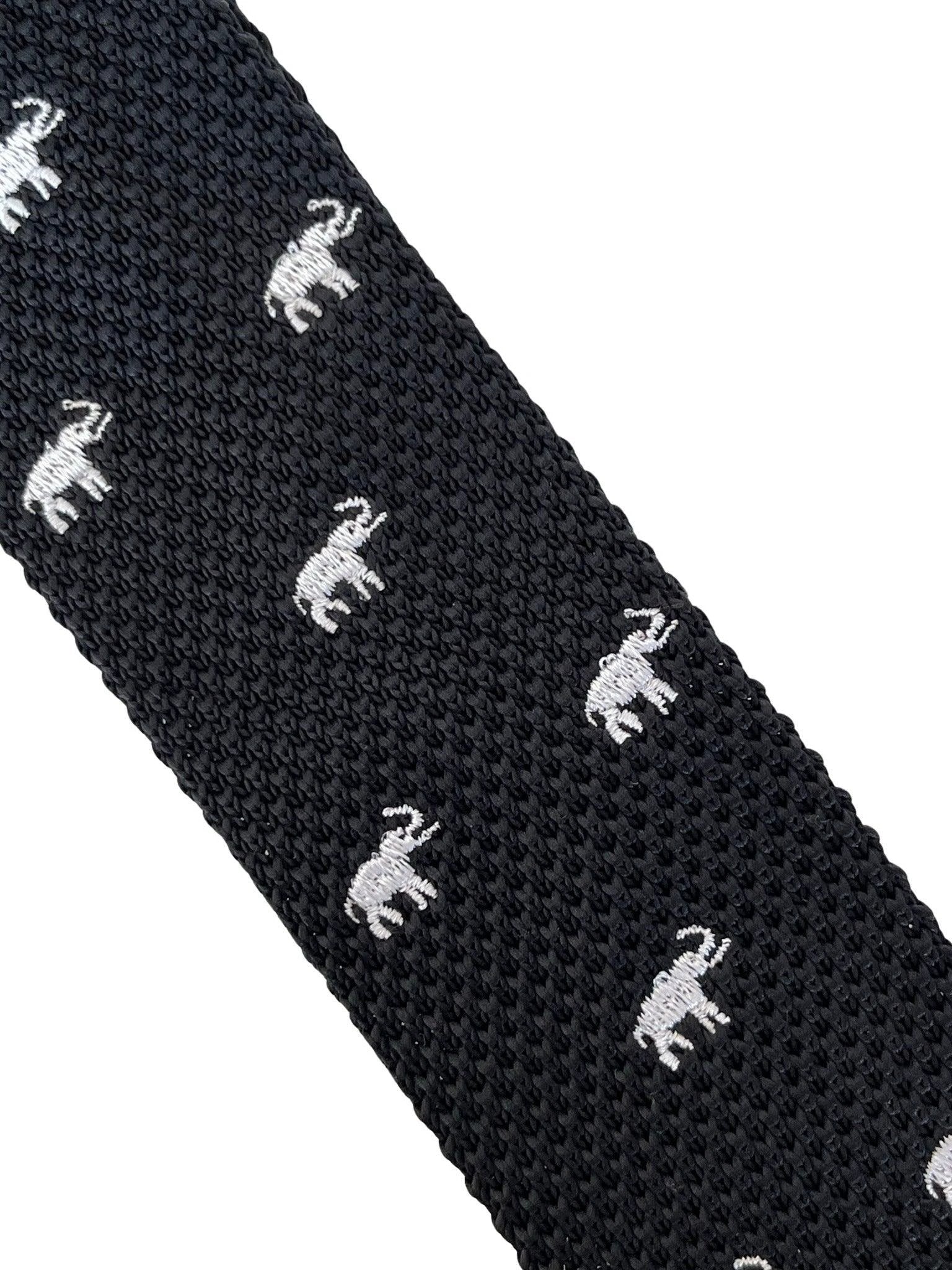 Black Knitted Tie With White Elephant Embroidered Design - Handcrafted Statement Accessory For A Refined Wardrobe by Frederick Thomas Handmade Mens Ties