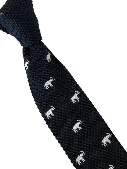 Black Knitted Tie With White Elephant Embroidered Design - Handcrafted Statement Accessory For A Refined Wardrobe by Frederick Thomas Handmade Mens Ties