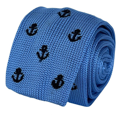 Light Baby Blue Knitted Tie with Nautical Anchor Embroidered Design by Frederick Thomas Handmade Mens Ties
