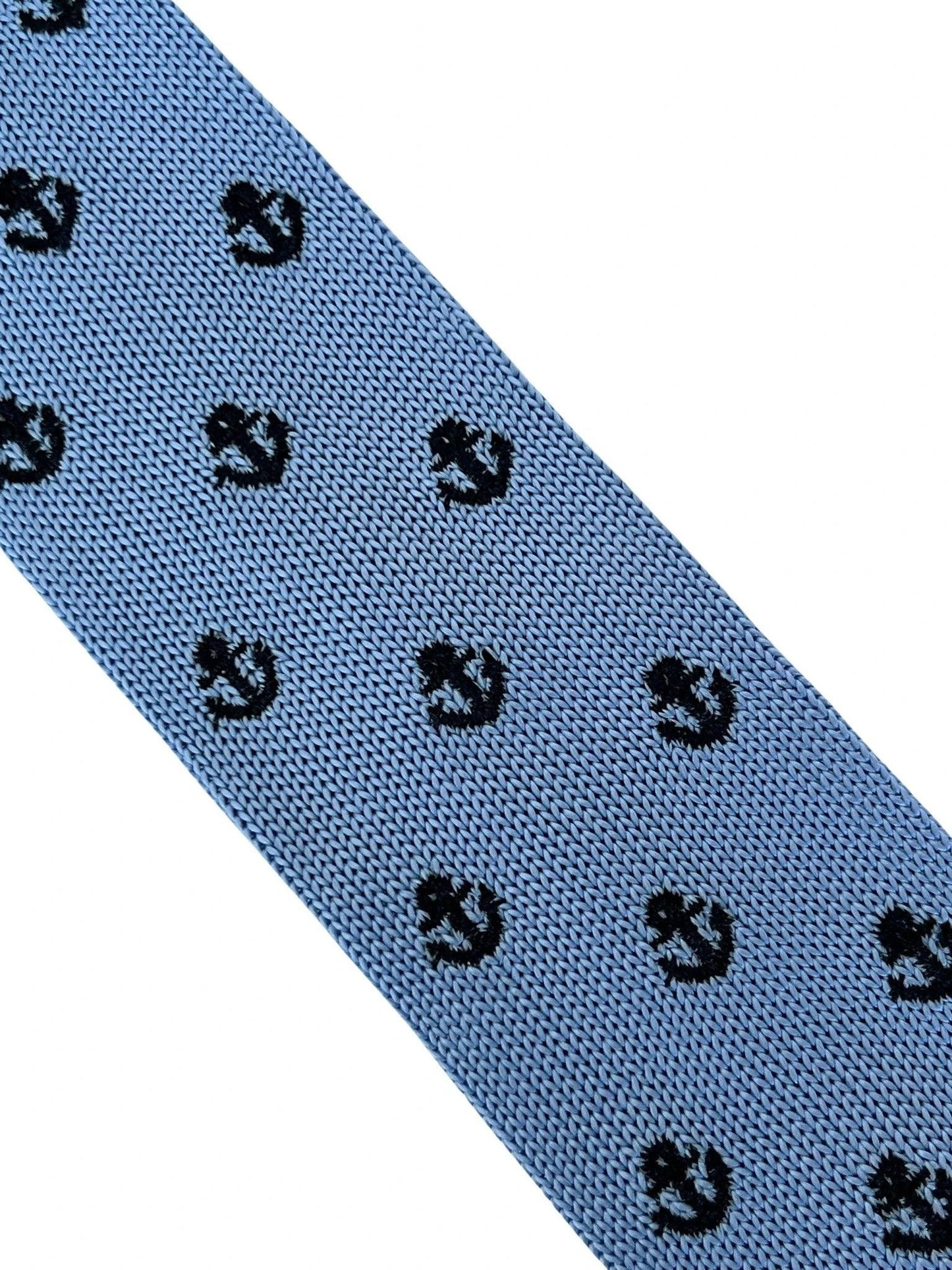 Light Baby Blue Knitted Tie with Nautical Anchor Embroidered Design by Frederick Thomas Handmade Mens Ties