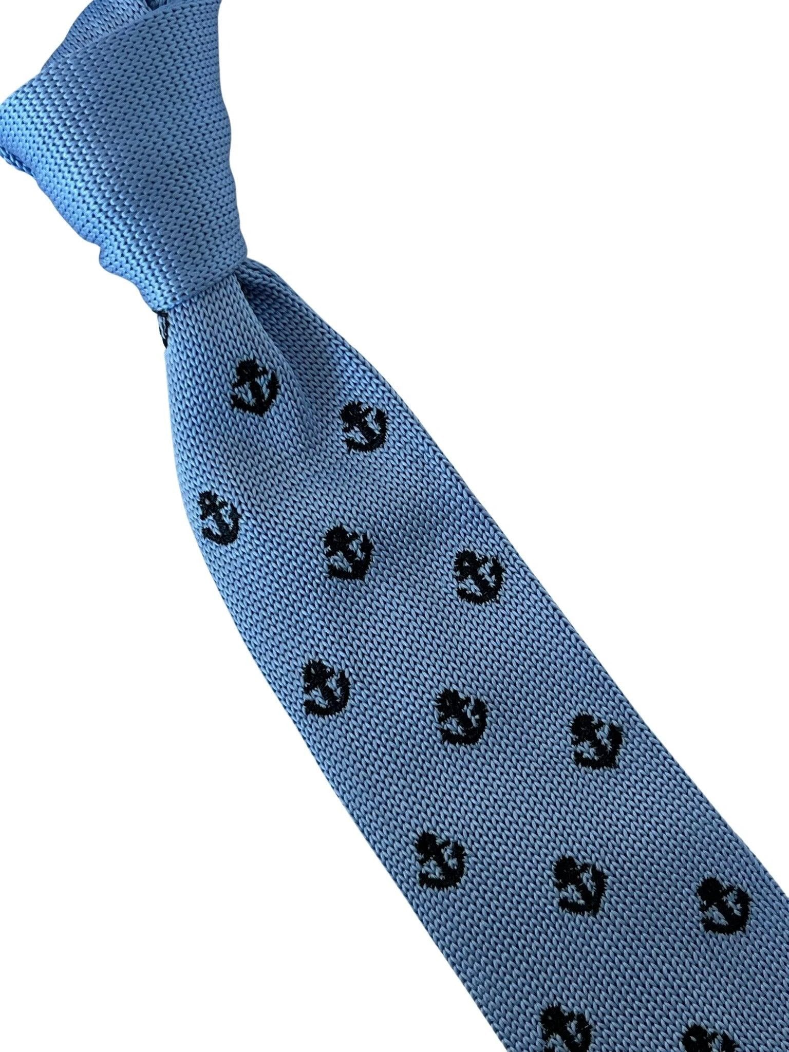 Light Baby Blue Knitted Tie with Nautical Anchor Embroidered Design by Frederick Thomas Handmade Mens Ties