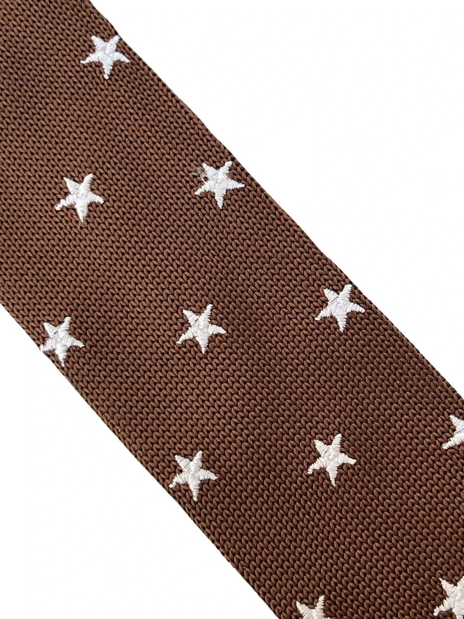 Chocolate Coffee Brown Knitted Tie With Embroidered White Stars - Refined Knitted Texture With Subtle Star Accent by Frederick Thomas Handmade Mens Ties