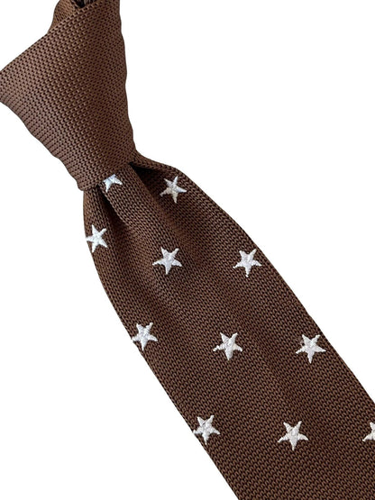 Chocolate Coffee Brown Knitted Tie With Embroidered White Stars - Refined Knitted Texture With Subtle Star Accent by Frederick Thomas Handmade Mens Ties