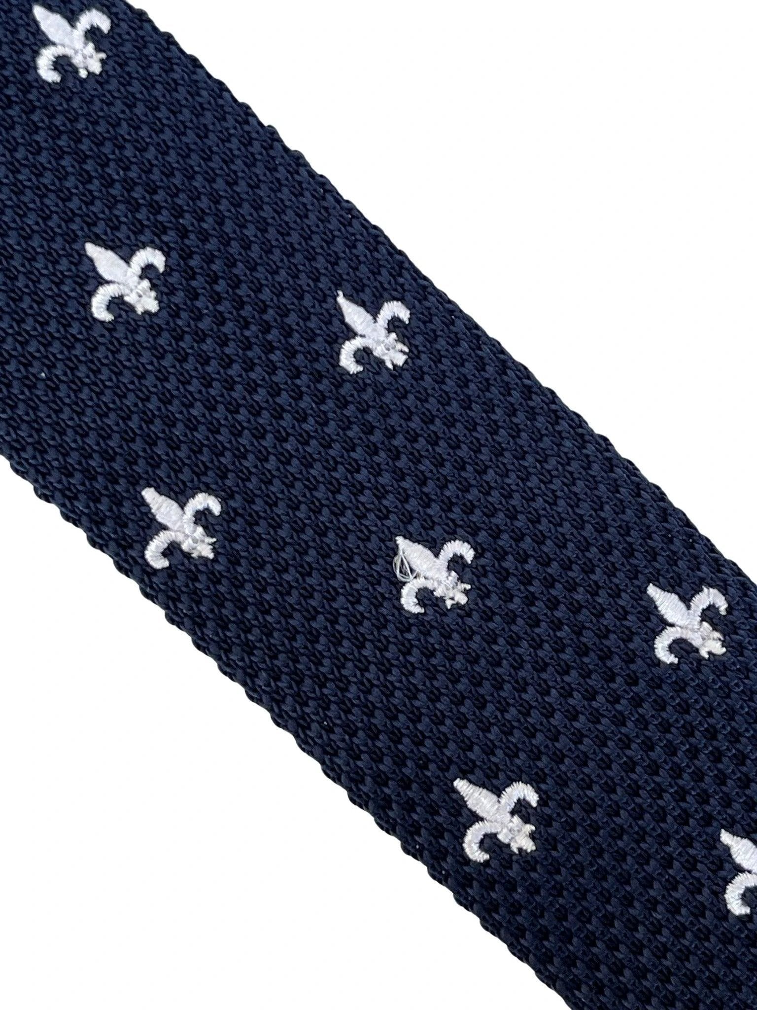 Navy Blue Knitted Tie With White Fleur de Lis Embroidery Frederick Thomas by Frederick Thomas Handmade Mens Ties