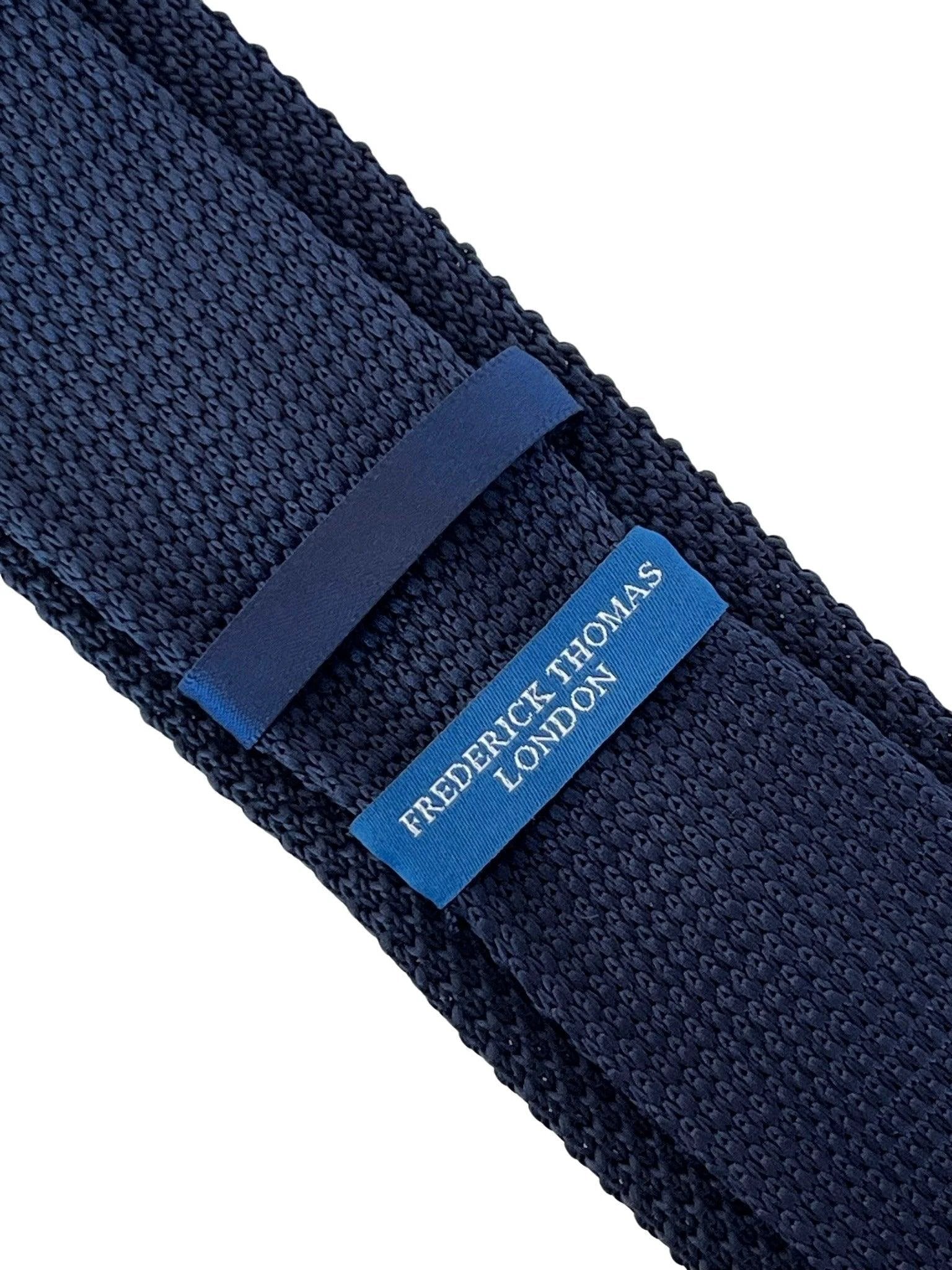 Navy Blue Knitted Tie With White Fleur de Lis Embroidery Frederick Thomas by Frederick Thomas Handmade Mens Ties