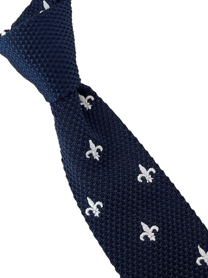 Navy Blue Knitted Tie With White Fleur de Lis Embroidery Frederick Thomas by Frederick Thomas Handmade Mens Ties