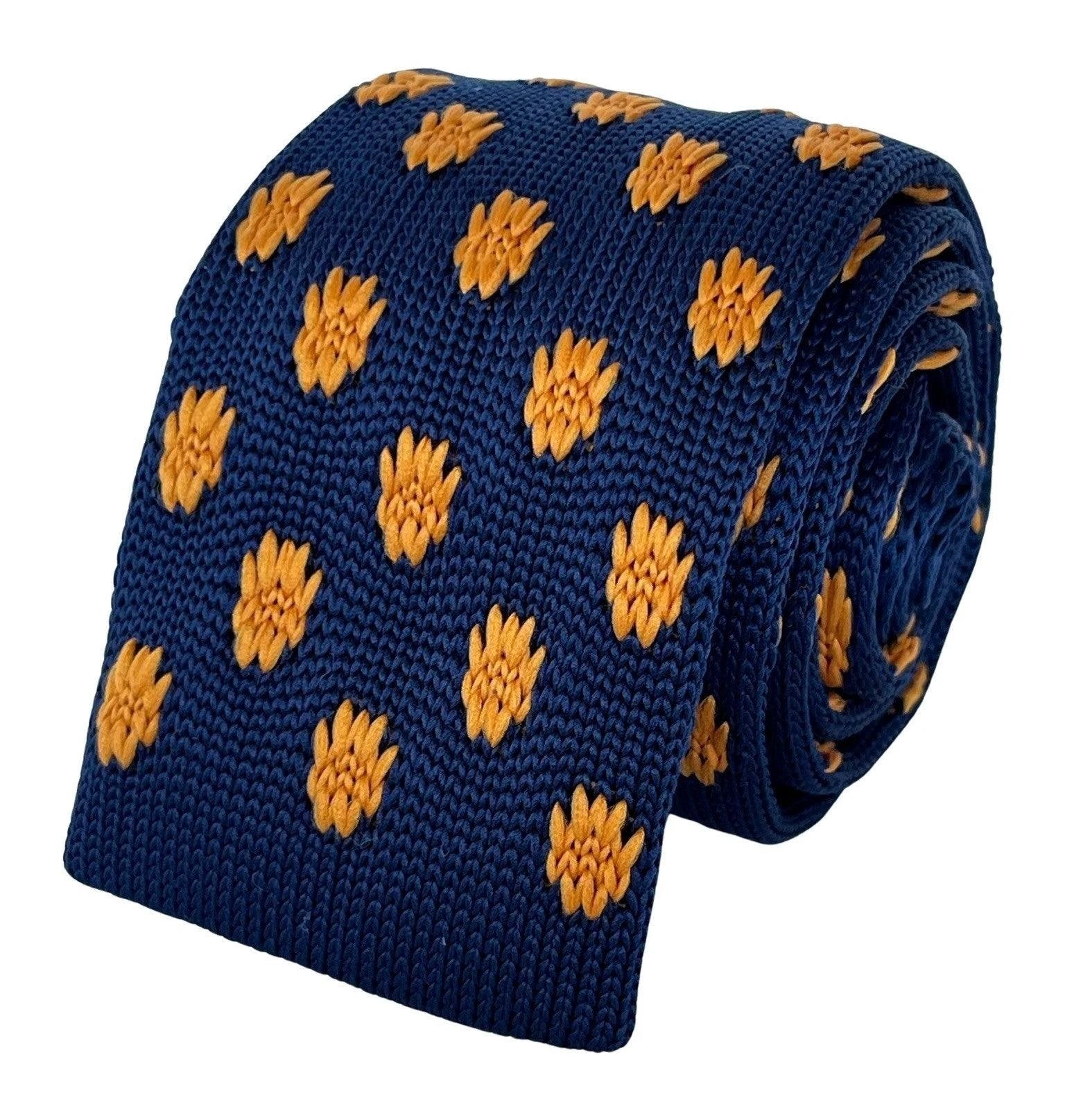 Navy Blue Knitted Tie With Golden Sunflower Embroidery By Frederick Thomas by Frederick Thomas Handmade Mens Ties