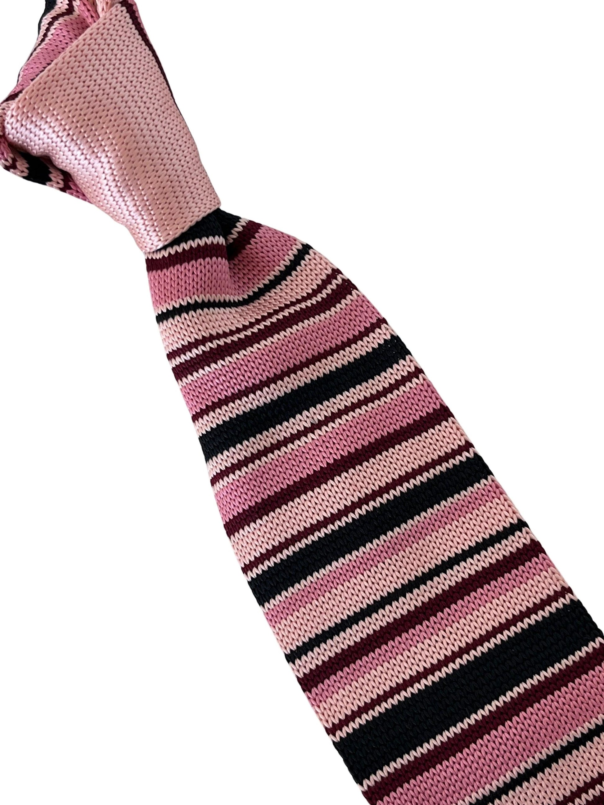 Light Baby Pink and Navy Blue Striped Fine Knitted Tie by Frederick Thomas Handmade Mens Ties