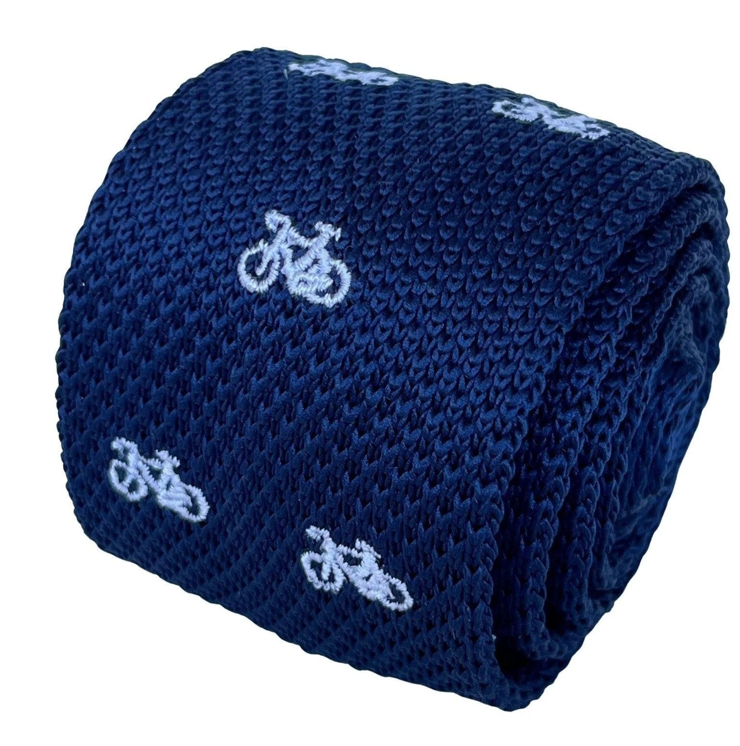 Navy Blue Handmade Knitted Tie With White Embroidered Bicycle Design by Frederick Thomas Handmade Mens Ties