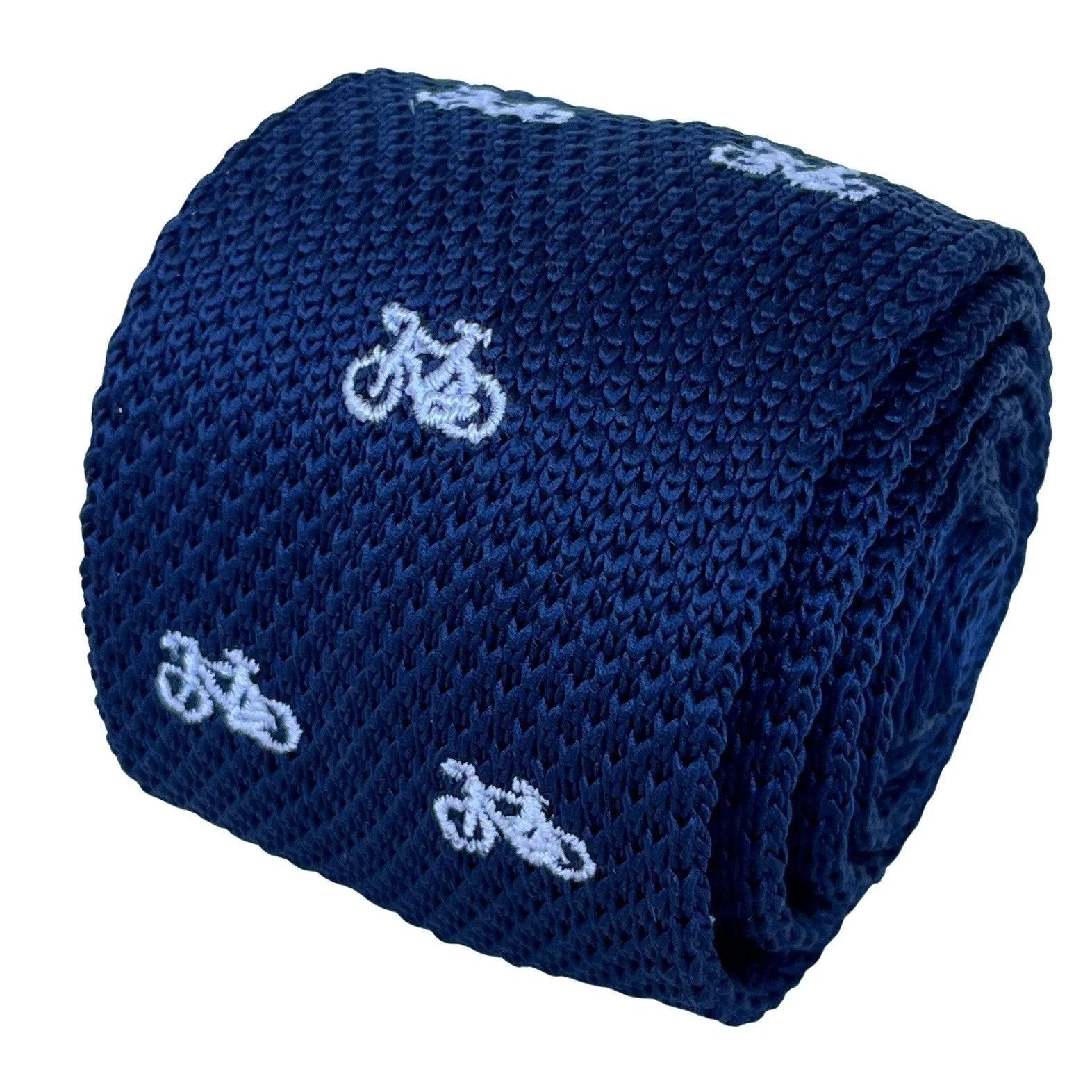 Navy Blue Handmade Knitted Tie With White Embroidered Bicycle Design by Frederick Thomas Handmade Mens Ties