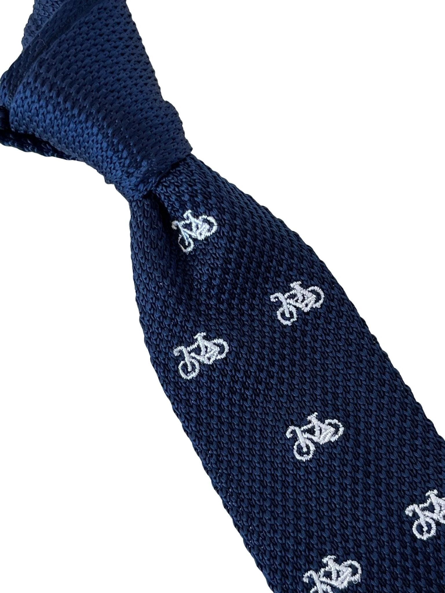 Navy Blue Handmade Knitted Tie With White Embroidered Bicycle Design by Frederick Thomas Handmade Mens Ties