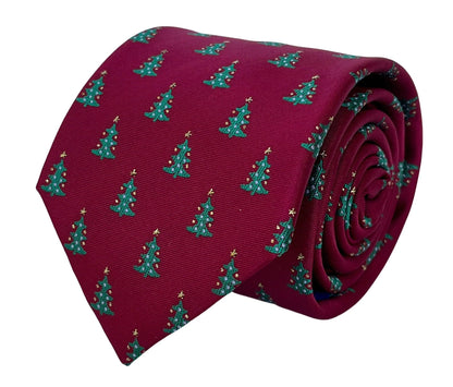Maroon Burgundy Dark Red Tie with Festive Christmas Tree Design by Frederick Thomas Handmade Mens Ties