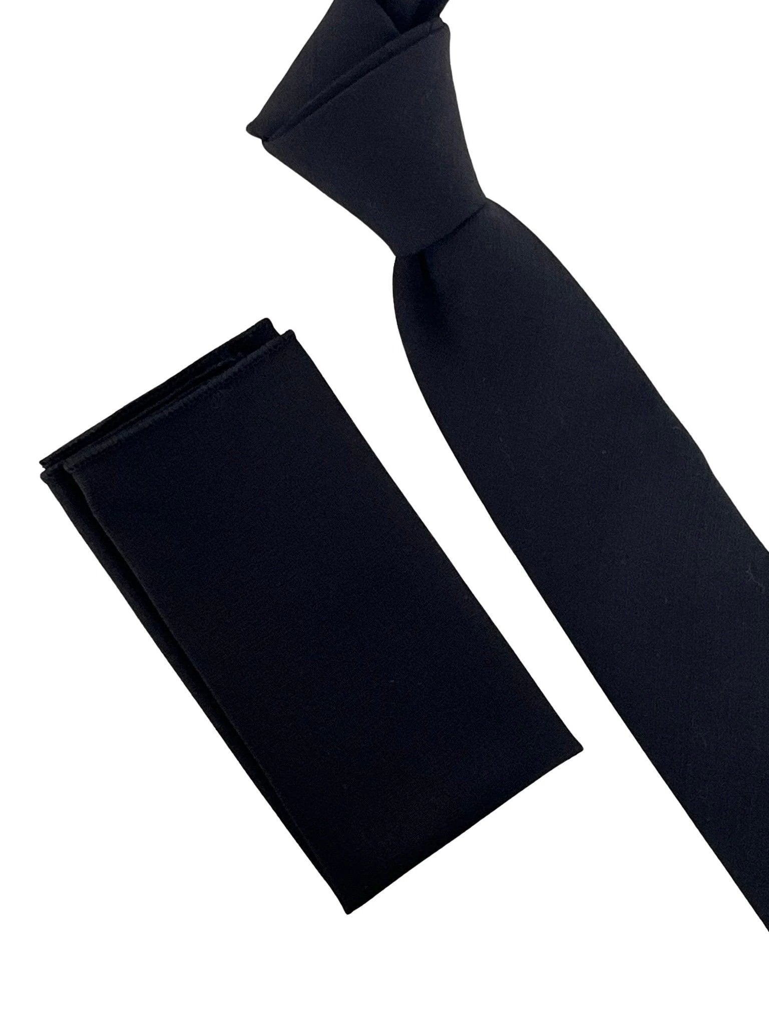 Matching plain black bamboo tie and pocket square by Frederick Thomas Handmade Mens Ties