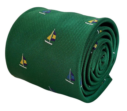 Emerald Dark Green Tie With Yacht Sailing Boat Embroidered Design - Handcrafted Luxury For The Modern Professional by Frederick Thomas Handmade Mens Ties