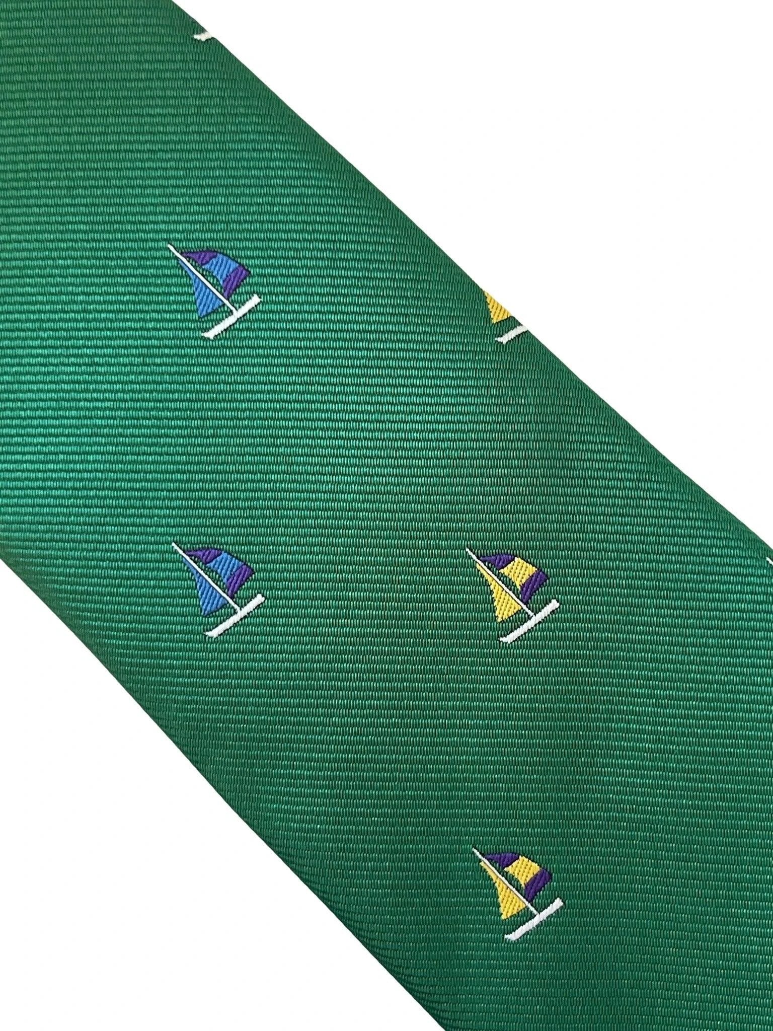 Emerald Dark Green Tie With Yacht Sailing Boat Embroidered Design - Handcrafted Luxury For The Modern Professional by Frederick Thomas Handmade Mens Ties