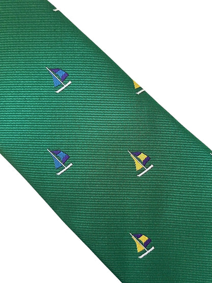 Emerald Dark Green Tie With Yacht Sailing Boat Embroidered Design - Handcrafted Luxury For The Modern Professional by Frederick Thomas Handmade Mens Ties