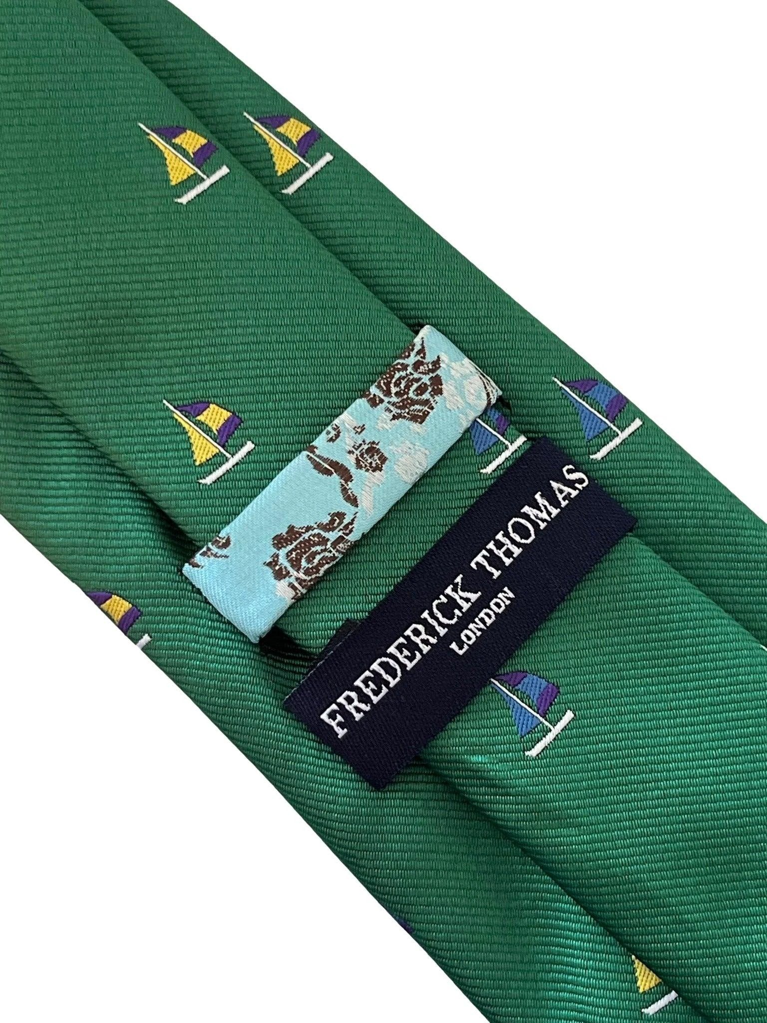 Emerald Dark Green Tie With Yacht Sailing Boat Embroidered Design - Handcrafted Luxury For The Modern Professional by Frederick Thomas Handmade Mens Ties