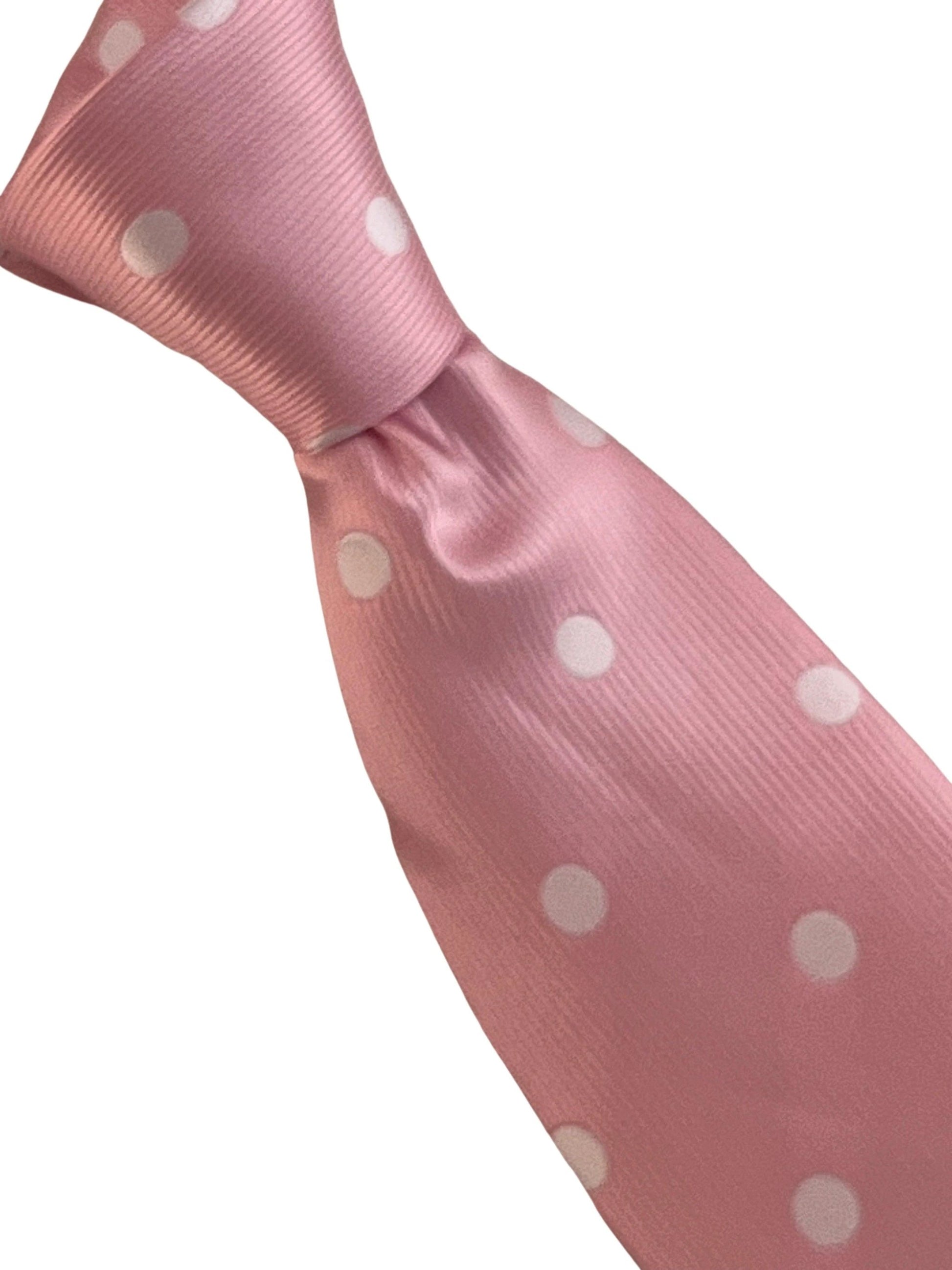 Baby, light, pastel, powder, candyfloss, bubblegum, blush pink tie with white polka spots by Frederick Thomas Handmade Mens Ties