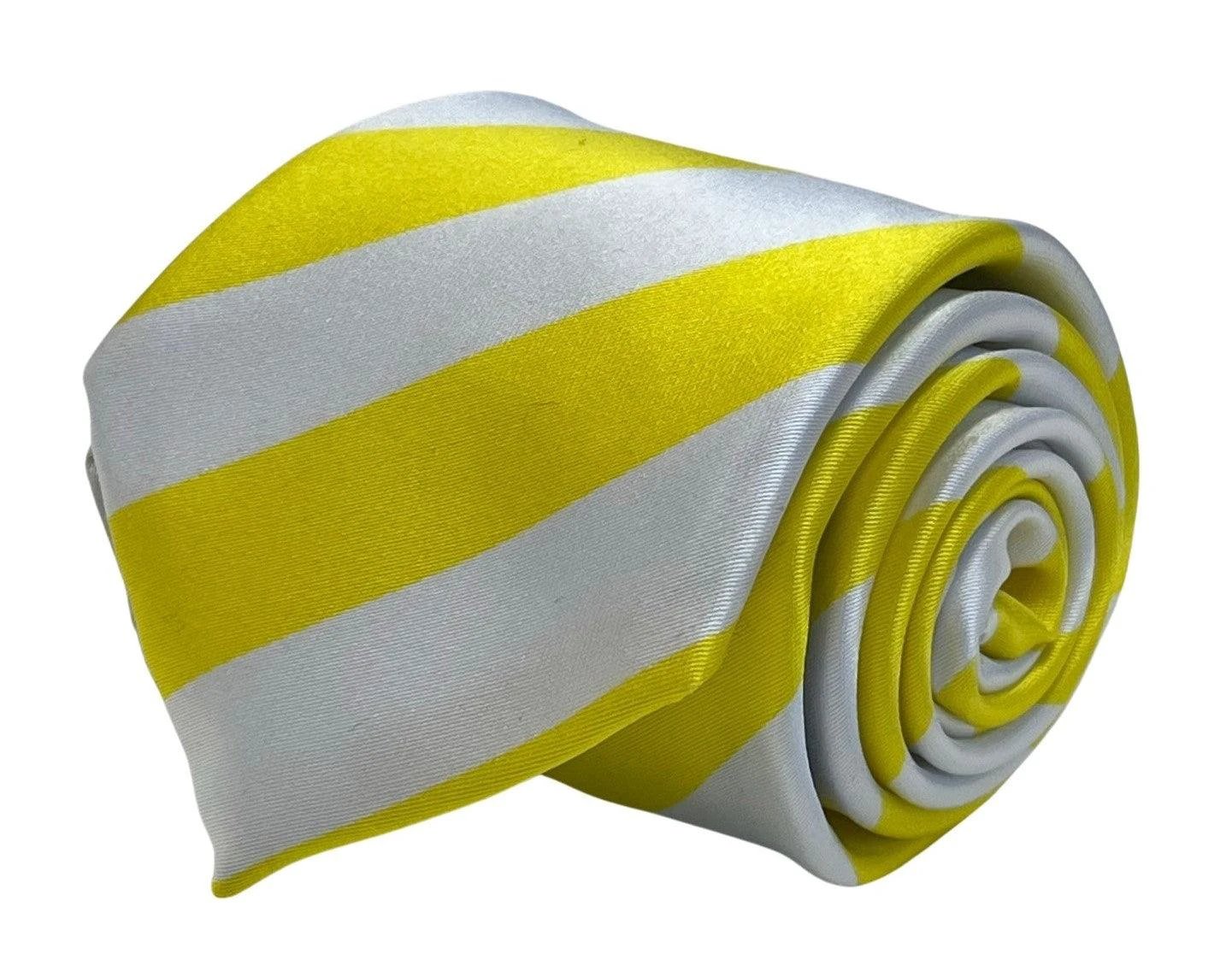 Bright lemon sunshine yellow and white barber stripe tie by Frederick Thomas Handmade Mens Ties