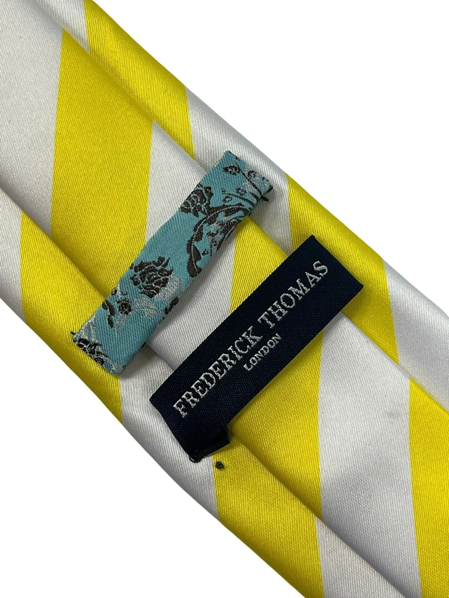 Bright lemon sunshine yellow and white barber stripe tie by Frederick Thomas Handmade Mens Ties
