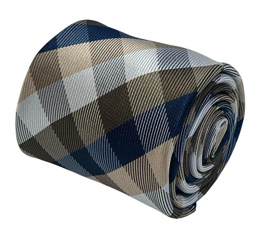 Gold, silver and navy dark blue plaid checked tie by Frederick Thomas Handmade Mens Ties