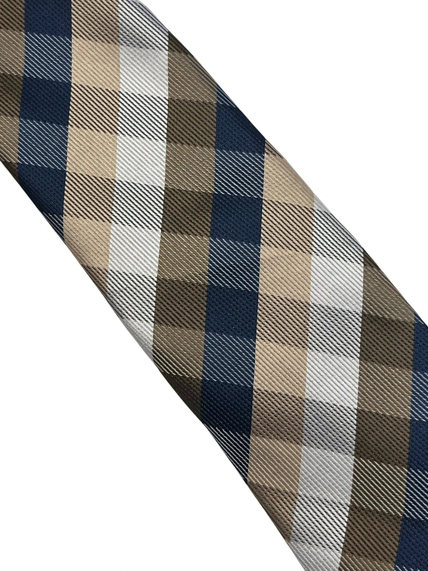 Gold, silver and navy dark blue plaid checked tie by Frederick Thomas Handmade Mens Ties