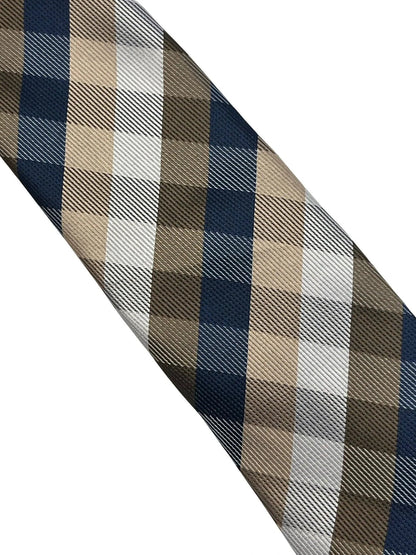 Gold, silver and navy dark blue plaid checked tie by Frederick Thomas Handmade Mens Ties