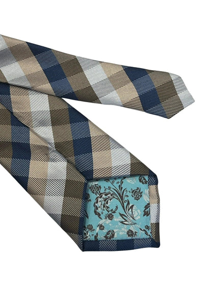Gold, silver and navy dark blue plaid checked tie by Frederick Thomas Handmade Mens Ties