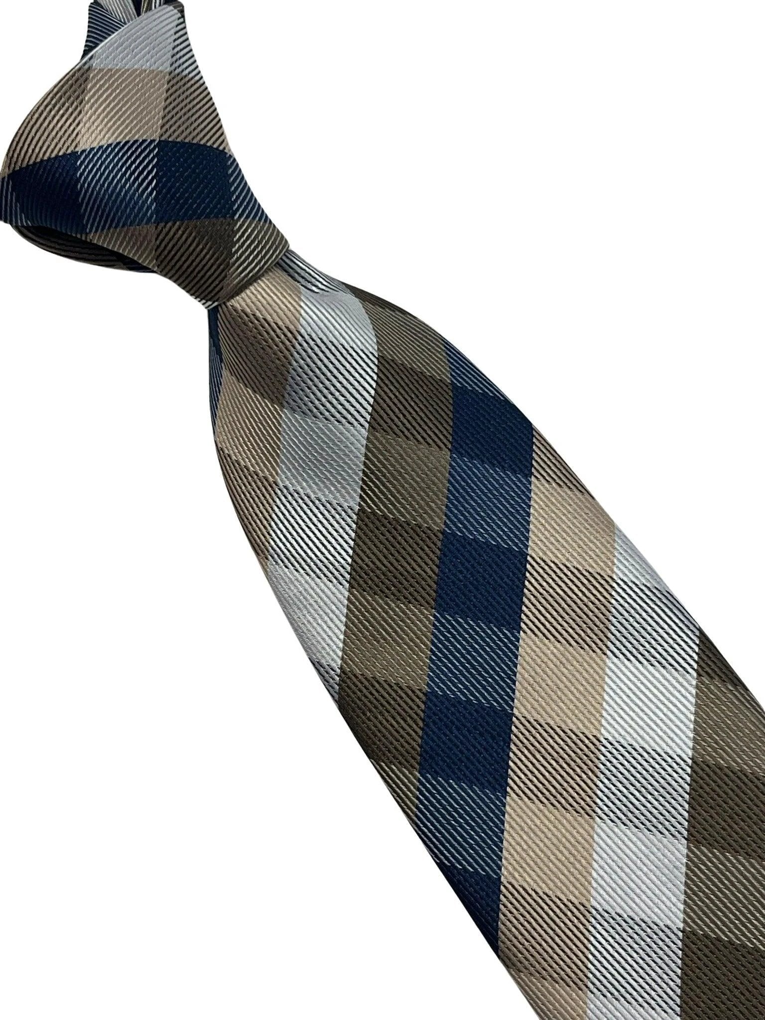 Gold, silver and navy dark blue plaid checked tie by Frederick Thomas Handmade Mens Ties