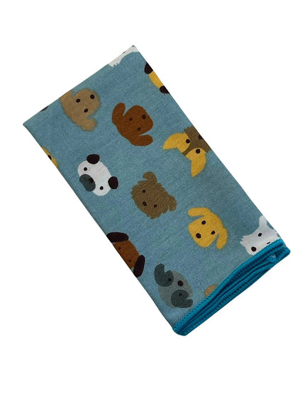 Medium denim blue pocket square with cute dog puppy design by Frederick Thomas Handmade Mens Ties