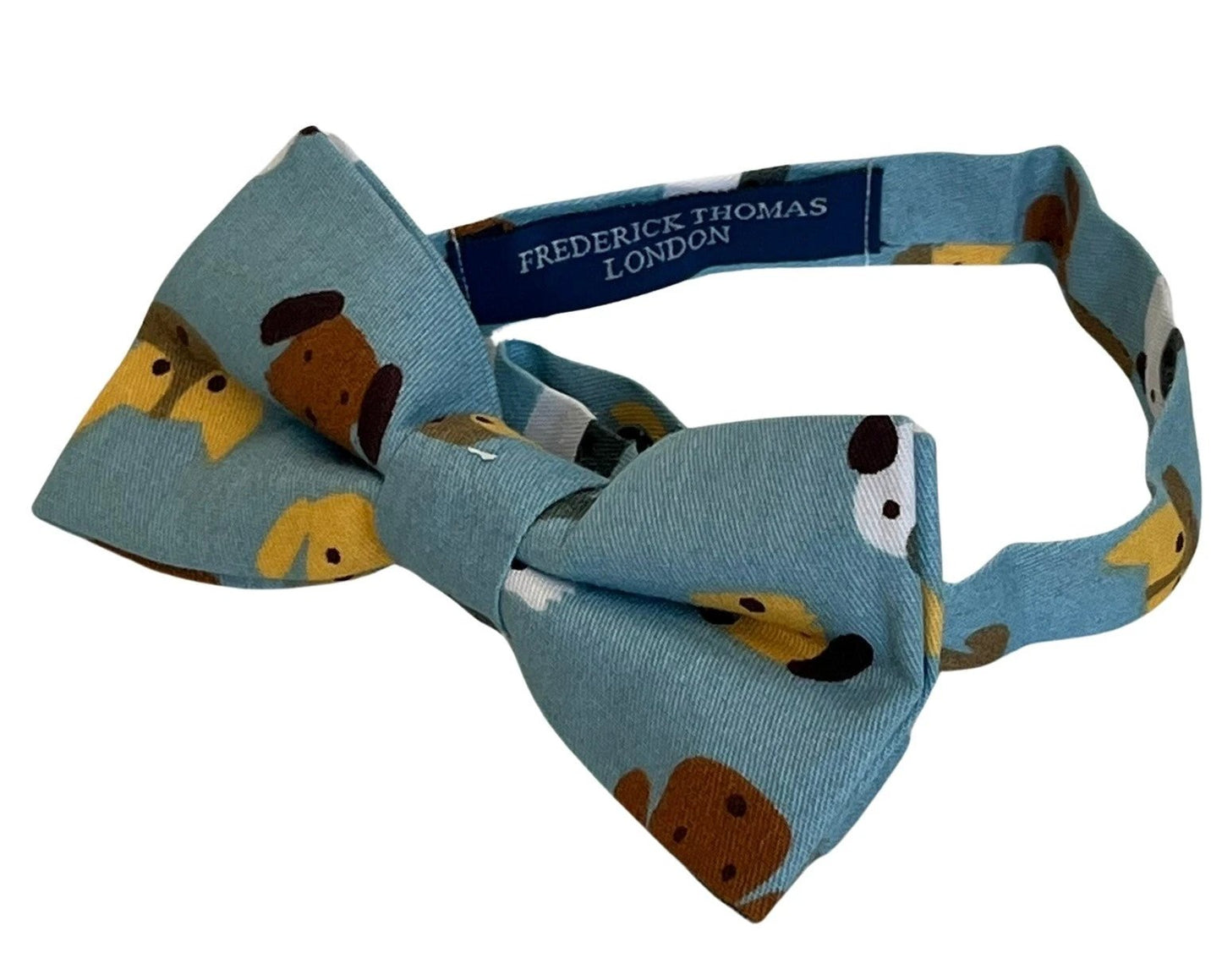 Medium denim blue adult bow tie with cute dog puppy design by Frederick Thomas Handmade Mens Ties