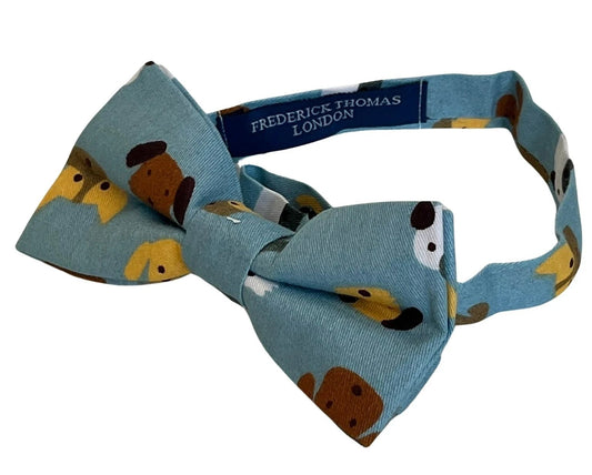 Medium denim blue adult bow tie with cute dog puppy design by Frederick Thomas Handmade Mens Ties
