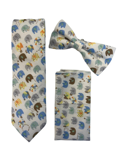 Ivory cotton tie with colourful elephants design by Frederick Thomas Handmade Mens Ties
