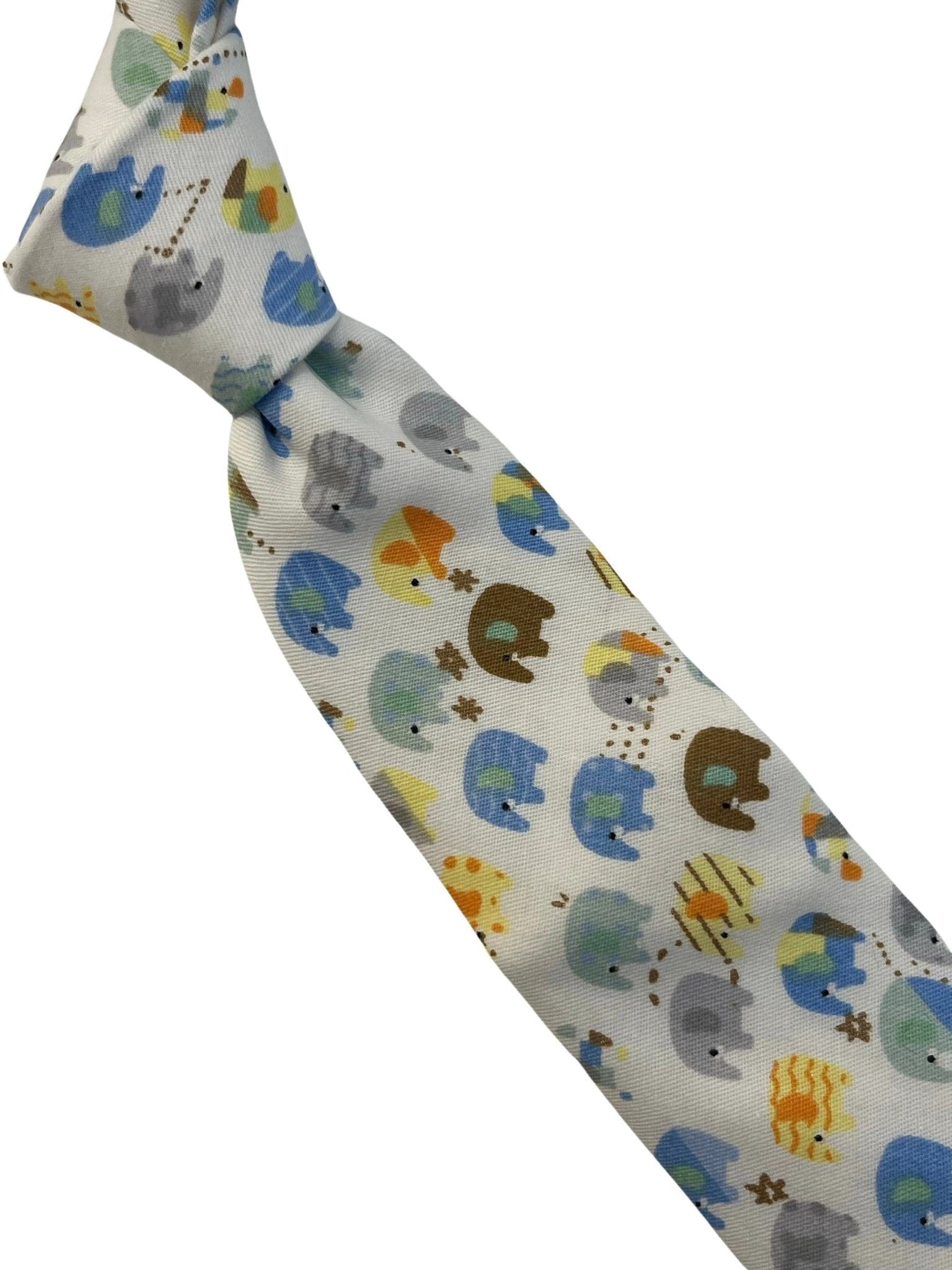 Ivory cotton child's bow tie with colourful elephants design by Frederick Thomas Handmade Mens Ties